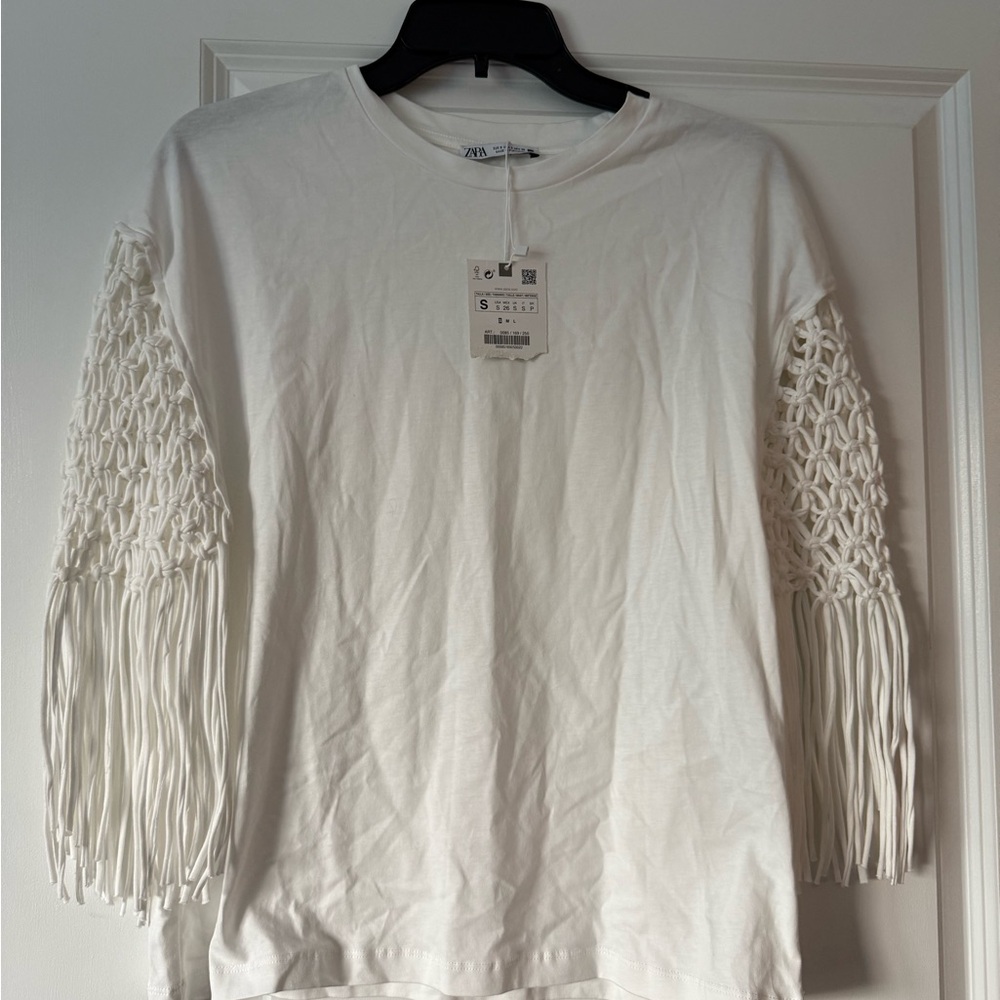 Zara White 3/4 Sleeve Blouse with Fringe Detail